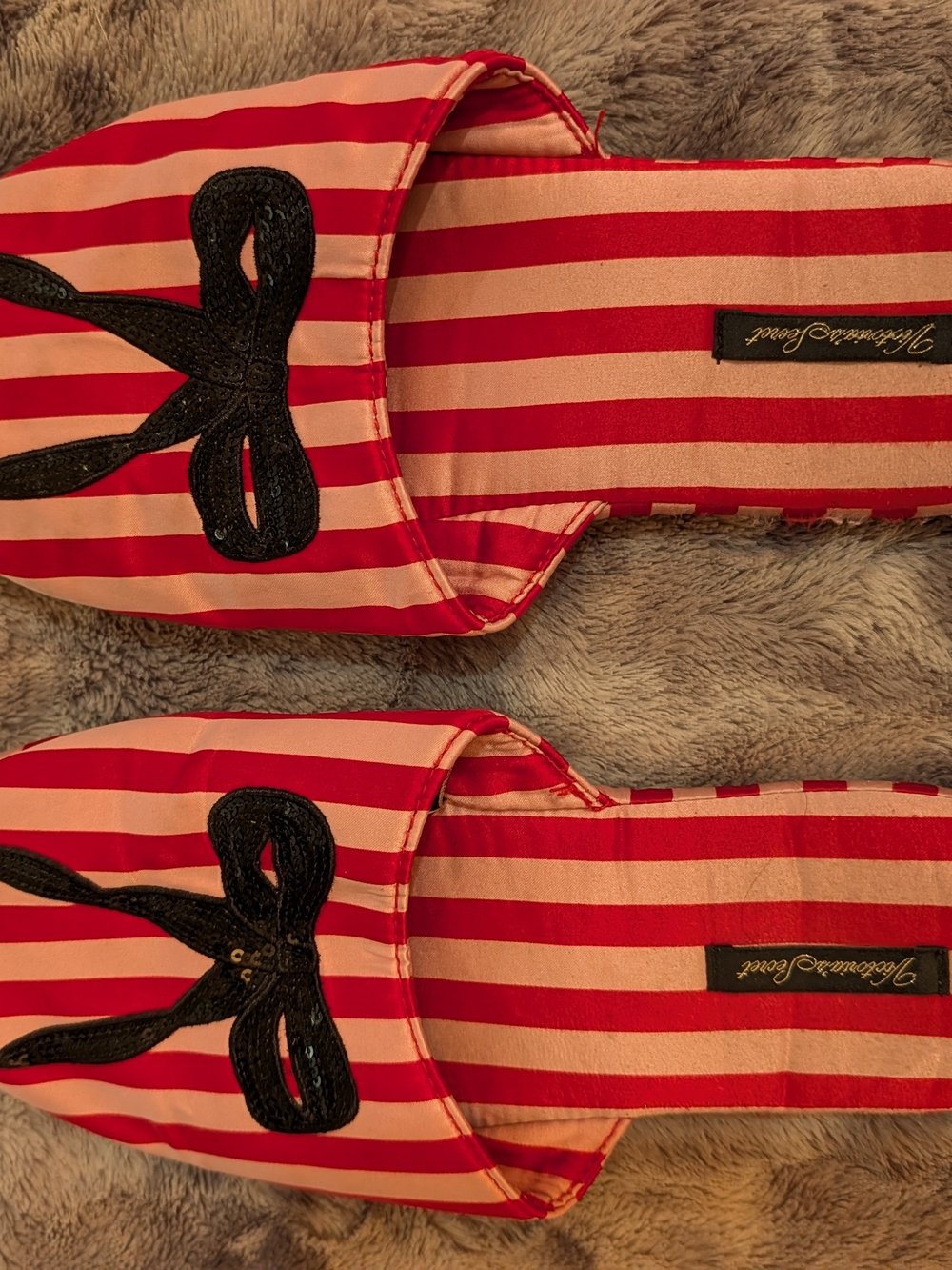 Victoria's Secret Pink and Red Striped Slip-On Slippers with Black Bow